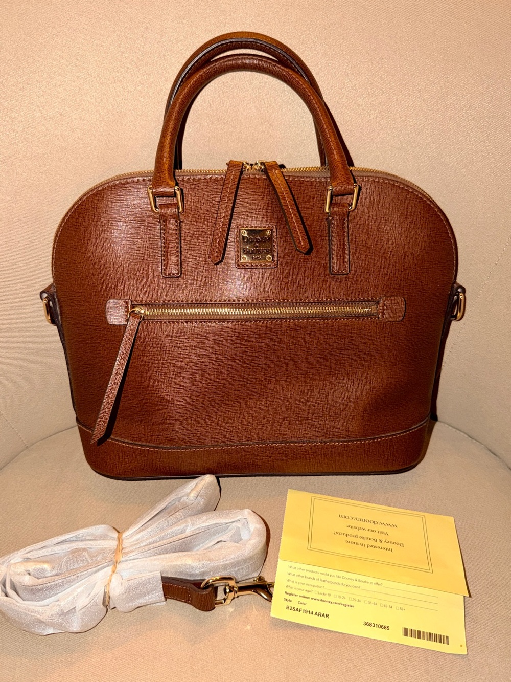 Dooney & Bourke Saffiano Leather Domed Zip Satchel, Caramel Amber